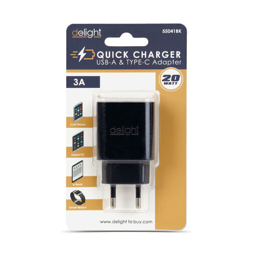 55041BK • Hálózati Adapter USB + Type-C PD20W gyorstöltéssel - fekete