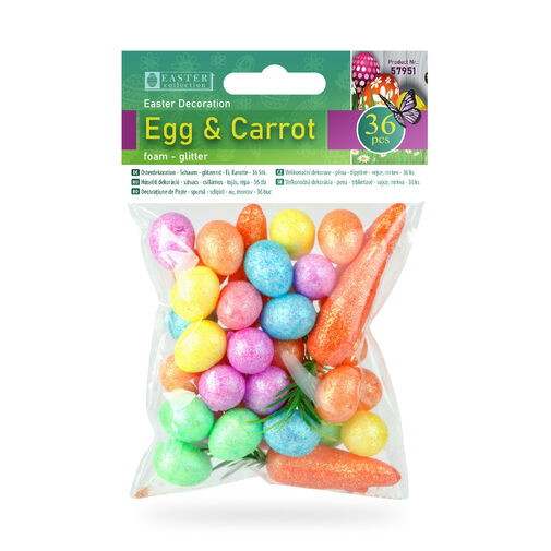 57951 • Húsvéti dekoráció - szivacs - csillámos - tojás, répa - 36 db / csomag