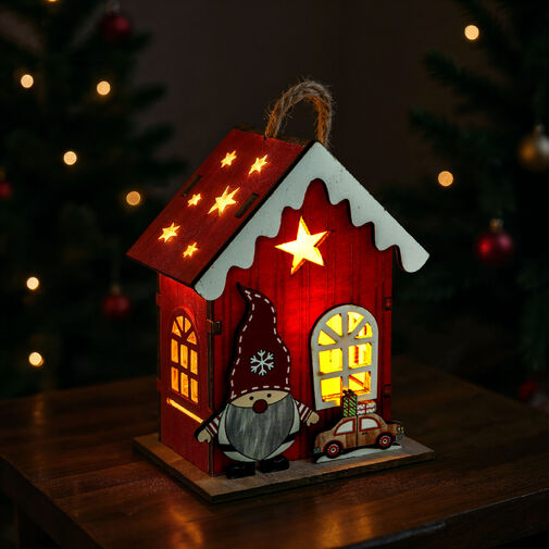 59746 • Karácsonyi LED-es dekoráció - házikó manóval - melegfehér LED, piros - 7,5 x 5 x 10 cm - 2 féle